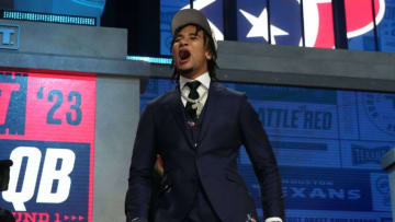 Apr 27, 2023; Kansas City, MO, USA; Ohio State Buckeyes quarterback CJ Stroud is selected as the No. 2 pick in the first round of the 2023 NFL Draft at Union Station. Mandatory Credit: Kirby Lee-USA TODAY Sports