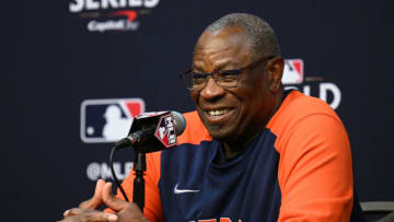 Oct 28, 2022; Houston, Texas, USA; Houston Astros manager Dusty Baker speaks to the media before game one of the 2022 World Series against the Philadelphia Phillies at Minute Maid Park. Mandatory Credit: Orlando Ramirez-USA TODAY Sports