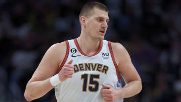 DENVER, COLORADO - APRIL 25: Nikola Jokic #15 of the Denver Nuggets runs down the court while playing the Minnesota Timberwolves in the first quarter during Round 1 Game 5 of the NBA Playoffs at Ball Arena on April 25, 2023 in Denver, Colorado. NOTE TO USER: User expressly acknowledges and agrees that, by downloading and/or using this photograph, User is consenting to the terms and conditions of the Getty Images License Agreement. (Photo by Matthew Stockman/Getty Images)